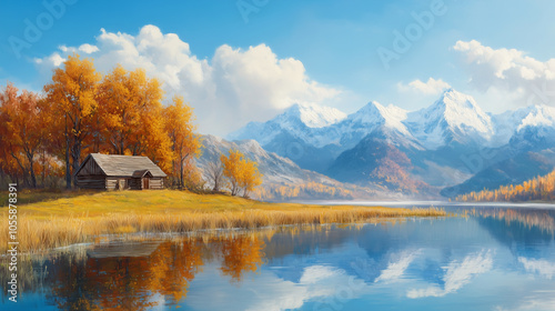 Oil painting style illustration of a cabin on a lake in autumn