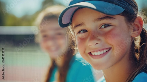 A close-up of young players smiling as they compete in a friendly pickleball match. photo