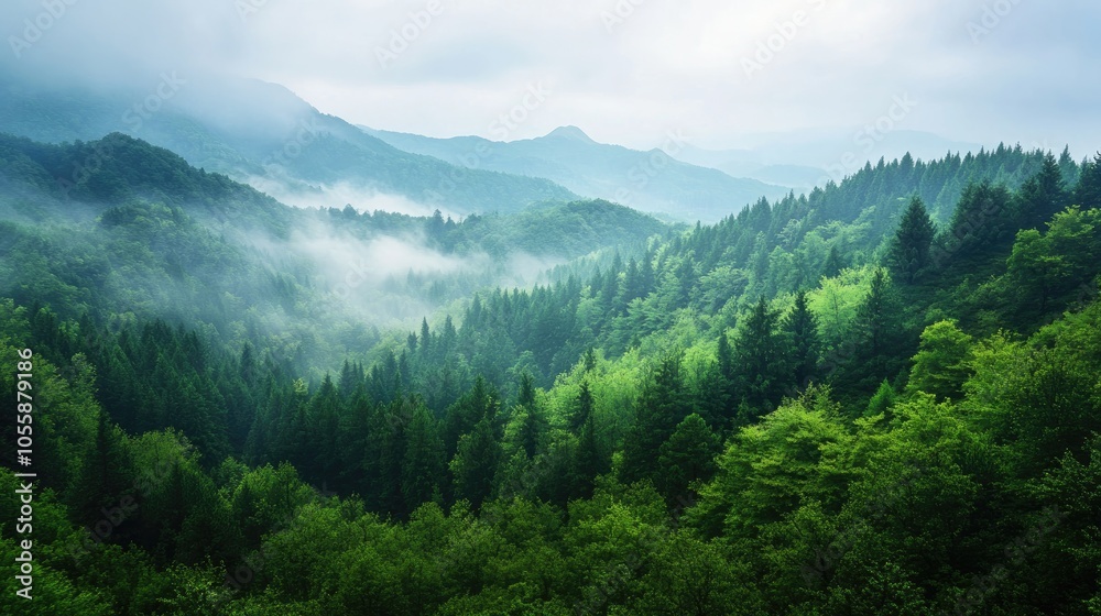 A stunning green forest with hills extending to the horizon shrouded in mist in the valley Ideal for themes of environmental conservation and natural wellness A stunning green forest with hills extending to the horizon shrouded in mist in the valley Ideal for themes of environmental conservation and natural wellness