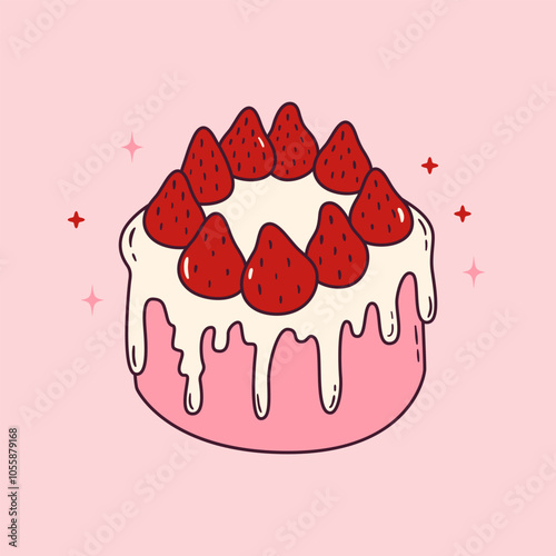 Cute pink bento cake with melting glaze and strawberries on top. Girly dessert for birthday, valentine day, anniversary. Hand drawn doodle pastry. Vector illustration