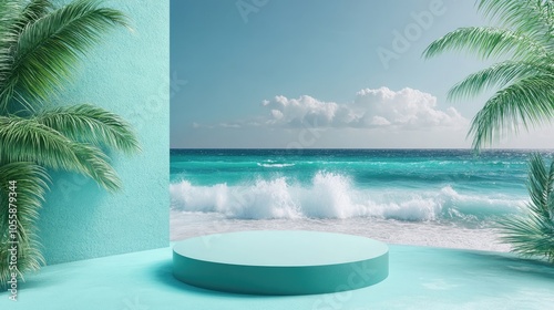 Blue and teal summer background featuring an empty pedestal for product display complemented by tropical palm trees and ocean waves photo