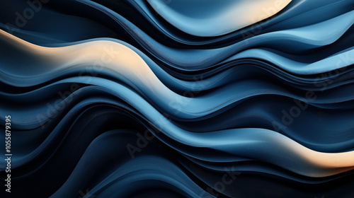 Abstract composition of flowing waves with a mix of blue and orange hues, creating a sense of movement and depth through undulating layers and smooth curves.