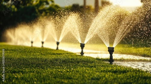 Modern sprinkler system in action efficiently irrigating grass Multiple units are watering the lawn effectively