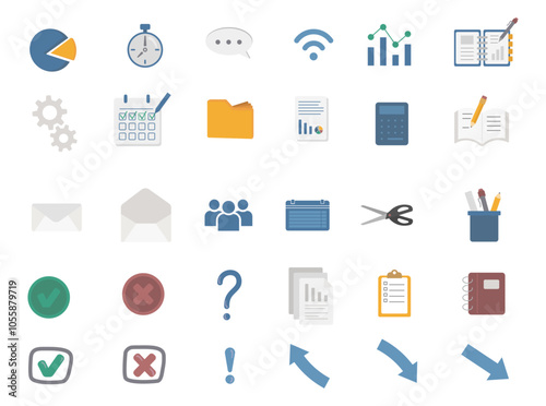 colorful office icons, editable vector illustration and also without background ideal for creating compositions, back to school, graphs, timer, speech bubble, meeting, wifi, arrows, spreadsheet and o