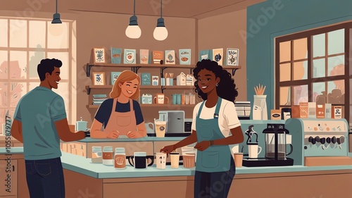 A diverse group of people stand in a coffee shop, a barista prepares a drink for a customer, while another customer waits. The shop is filled with coffee supplies and equipment.