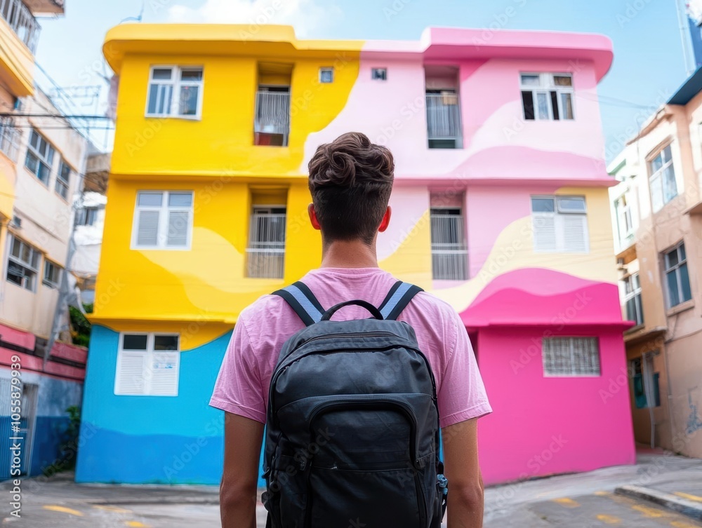 Person admiring colorful urban buildings with vibrant mural art. Person admiring colorful urban buildings with vibrant mural art.