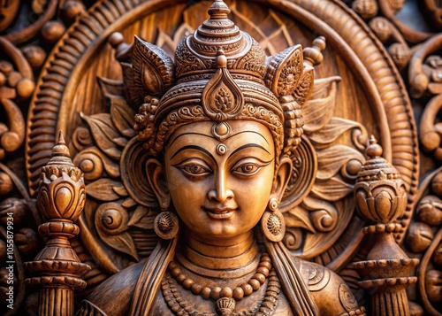 Macro Photography of Wooden Hindu Goddess Durga Idol in Selective Focus with Negative Space for Cultural and Artistic