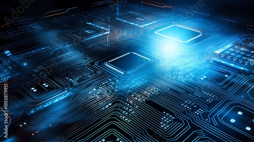 Futuristic digital cityscape with glowing lines and data servers