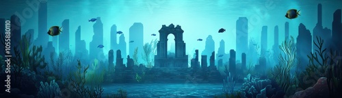 An underwater city with buildings and an archway.