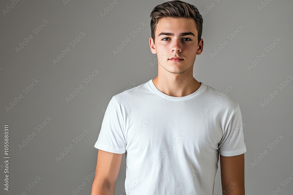 A young man in a simple white T-shirt is bathed in bright studio lighting, with a solid gray background. A young man in a simple white T-shirt is bathed in bright studio lighting, with a solid gray background.