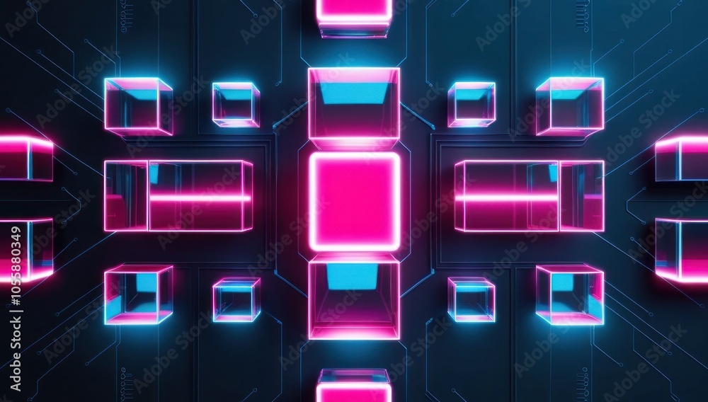 Futuristic neon light cube art installation. Technology cyber cube, Sci fi shape Futuristic neon light cube art installation. Technology cyber cube, Sci fi shape
