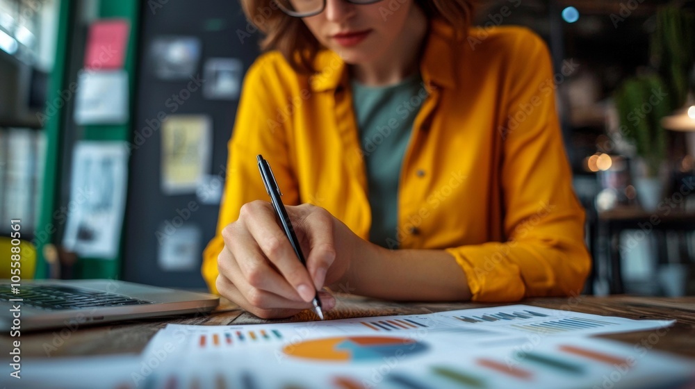 Woman working on financial charts in a modern office Woman working on financial charts in a modern office