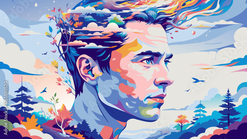 Surreal Portrait of Man Merging with Nature and Dreamscape