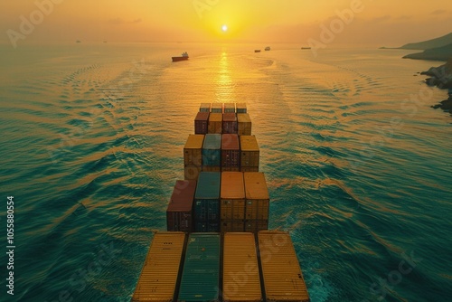 A large ship is sailing through the ocean with the sun setting in the background