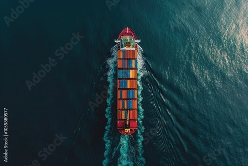 A large red ship is sailing through the ocean