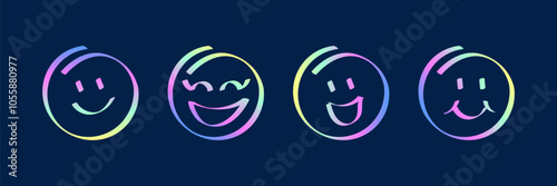 Smile icons neon gradient. Cartoon character, positive face emotions. Vector illusration on black background