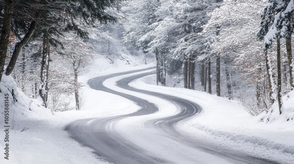 Winter road winding through a snow covered forest following fresh snowfall Winter road winding through a snow covered forest following fresh snowfall