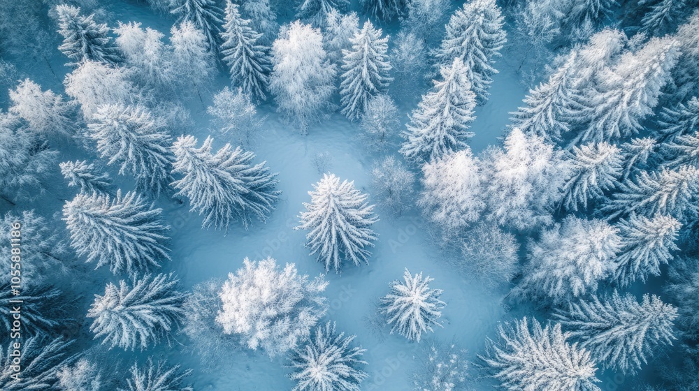 Aerial View of a Tranquil Snow Blanketed Winter Forest Scene Aerial View of a Tranquil Snow Blanketed Winter Forest Scene