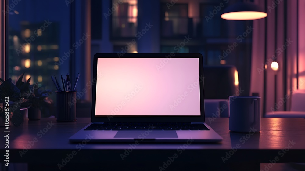 Mockup of a laptop screen on a desk, with blank screen for website or software interface display Mockup of a laptop screen on a desk, with blank screen for website or software interface display