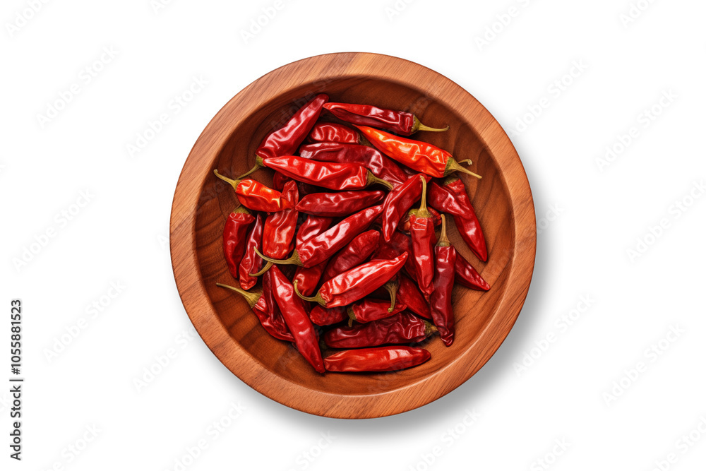 Dried red chilies in wooden bowl isolated on transparent background, PNG Dried red chilies in wooden bowl isolated on transparent background, PNG
