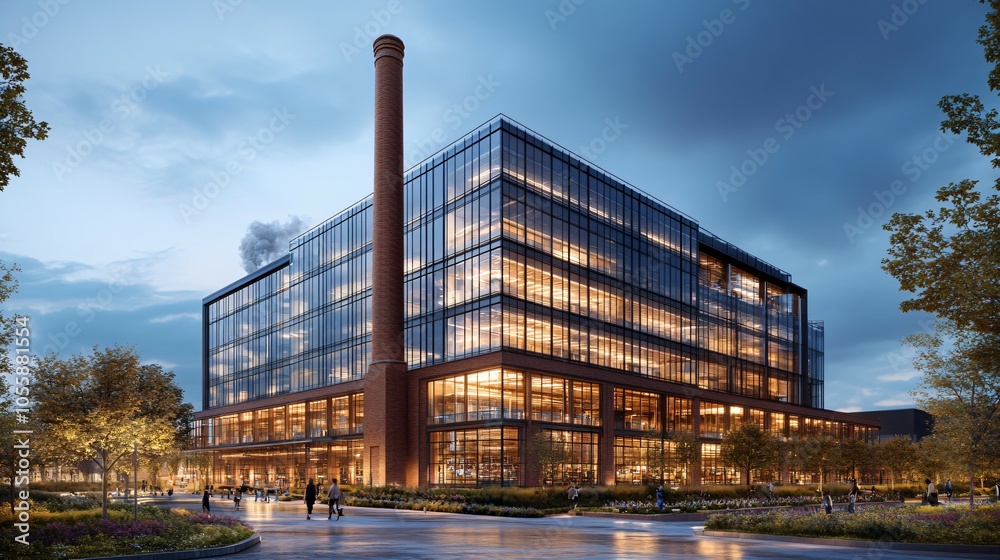 Modern factory building with glass facade, smokestack, and landscaped surroundings at dusk Modern factory building with glass facade, smokestack, and landscaped surroundings at dusk