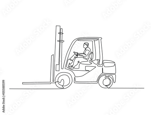 Continuous one line drawing of worker driving forklift. Forklift truck single line art vector illustration. Editable vector.