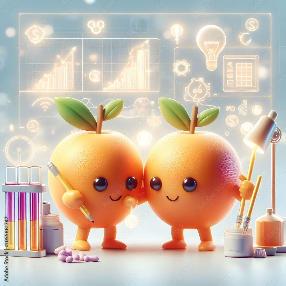 3D Fruity Financial Innovation Lab Concept - Two Innovative Fruits Experimenting with Financial Technologies in High-Tech Lab, Soft Abstract Bokeh Background, Highlighting Creativity and Progress 3D Fruity Financial Innovation Lab Concept - Two Innovative Fruits Experimenting with Financial Technologies in High-Tech Lab, Soft Abstract Bokeh Background, Highlighting Creativity and Progress