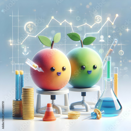 3D Fruity Financial Innovation Lab Concept: Two Innovative Fruits Experimenting with Financial Technologies in High-Tech Lab Setting, Soft Abstract Bokeh Background Highlighting Creativity and Progres photo