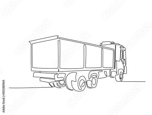 Continuous one line drawing of dump truck industrial transportation. Big dump truck single line art vector illustration. Editable vector.