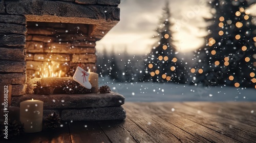 Cozy fireplace with stockings hanging and snow gently falling outside, creating a festive winter scene photo