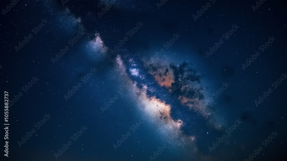 Fototapeta premium A stunning, vibrant image of the Milky Way galaxy, showcasing its swirling arms of gas and dust against a deep blue night sky