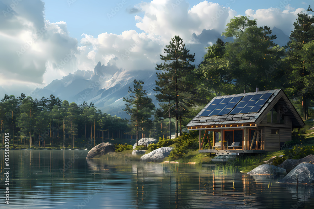 Obraz premium A beautiful wooden cabin with solar panels by a serene lake, surrounded by lush trees and majestic mountains in the background.