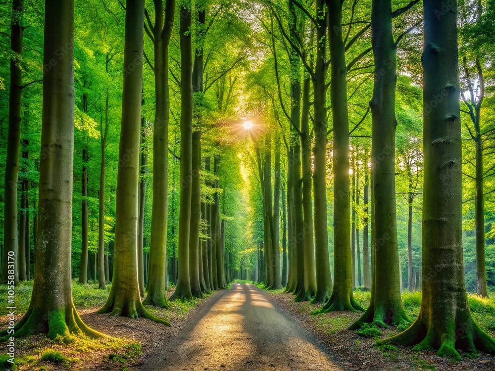 Fototapeta premium Majestic Tall Trees in a Lush Forest Setting - Perfect for Nature and Product Photography