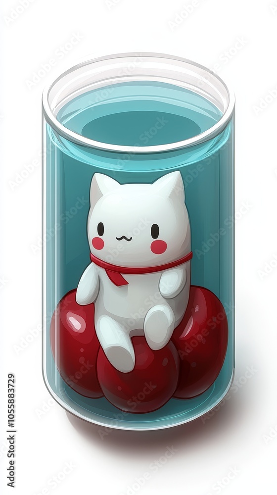 Obraz premium Cute Cartoon Cat in Glass Jar with Red Spheres Illustration