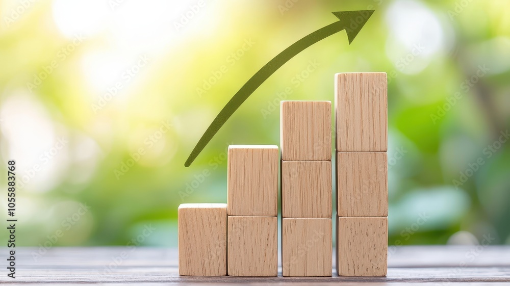 Wooden blocks arranged in a growth chart with an upward arrow on a blurred natural background. Wooden blocks arranged in a growth chart with an upward arrow on a blurred natural background.