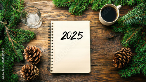Notebook with 2025 written, surrounded by pine cones and coffee, creating a cozy winter atmosphere.