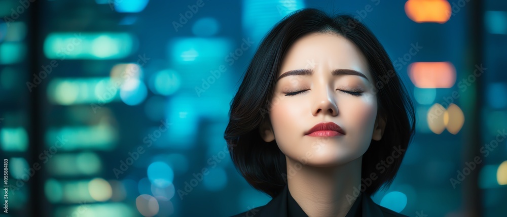 A serene woman with closed eyes, exuding calmness and introspection against a backdrop of vibrant city lights. A serene woman with closed eyes, exuding calmness and introspection against a backdrop of vibrant city lights.