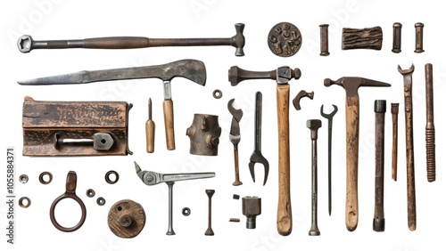 A collection of vintage tools symbolizing hard work Isolated on a transparent background