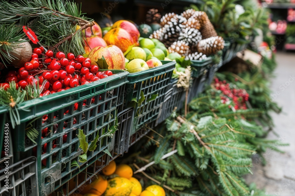 A display of fruit and greenery in a market A display of fruit and greenery in a market