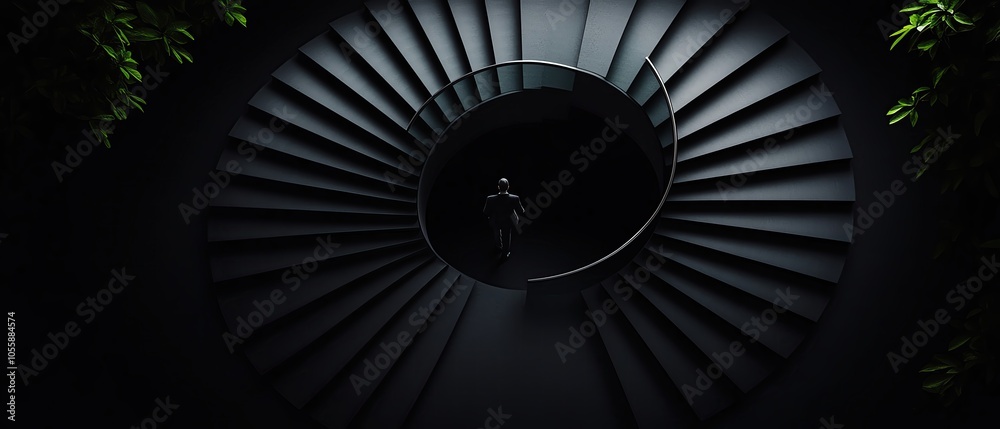 Fototapeta premium A spiral staircase with a figure ascending, symbolizing personal growth and progress, detailed textures and high contrast, black and white, high definition 8K