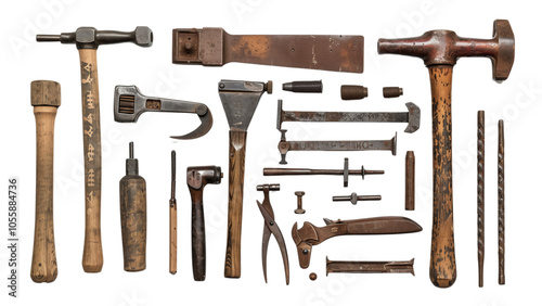 A collection of vintage tools symbolizing hard work Isolated on a transparent background