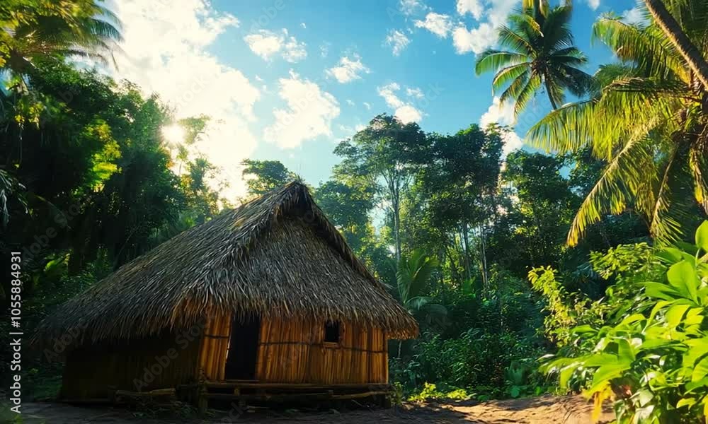 A rustic thatched hut surrounded by lush greenery and tall trees under a bright blue sky. A rustic thatched hut surrounded by lush greenery and tall trees under a bright blue sky.
