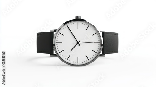 Silver Wristwatch with Black Leather Strap on White Background