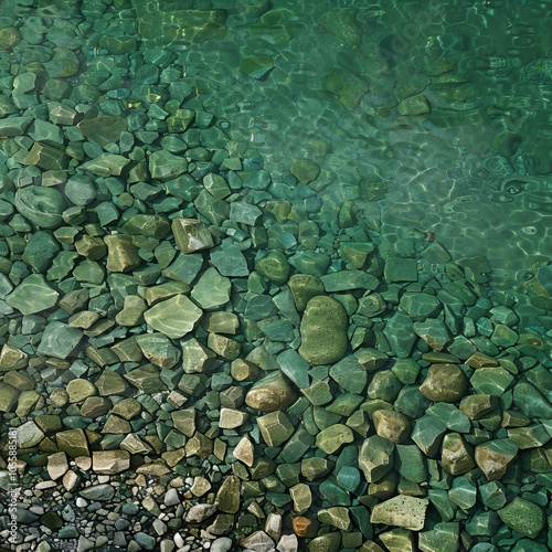 top-down view, green pebbles under water surface, tranquil, calm, elegant 
