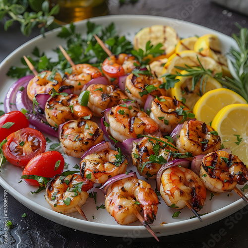 delicious grilled shrimp skewers with colorful vegetables on a plate, perfect for a summer barbecue or healthy meal concept highlighted by white, png photo