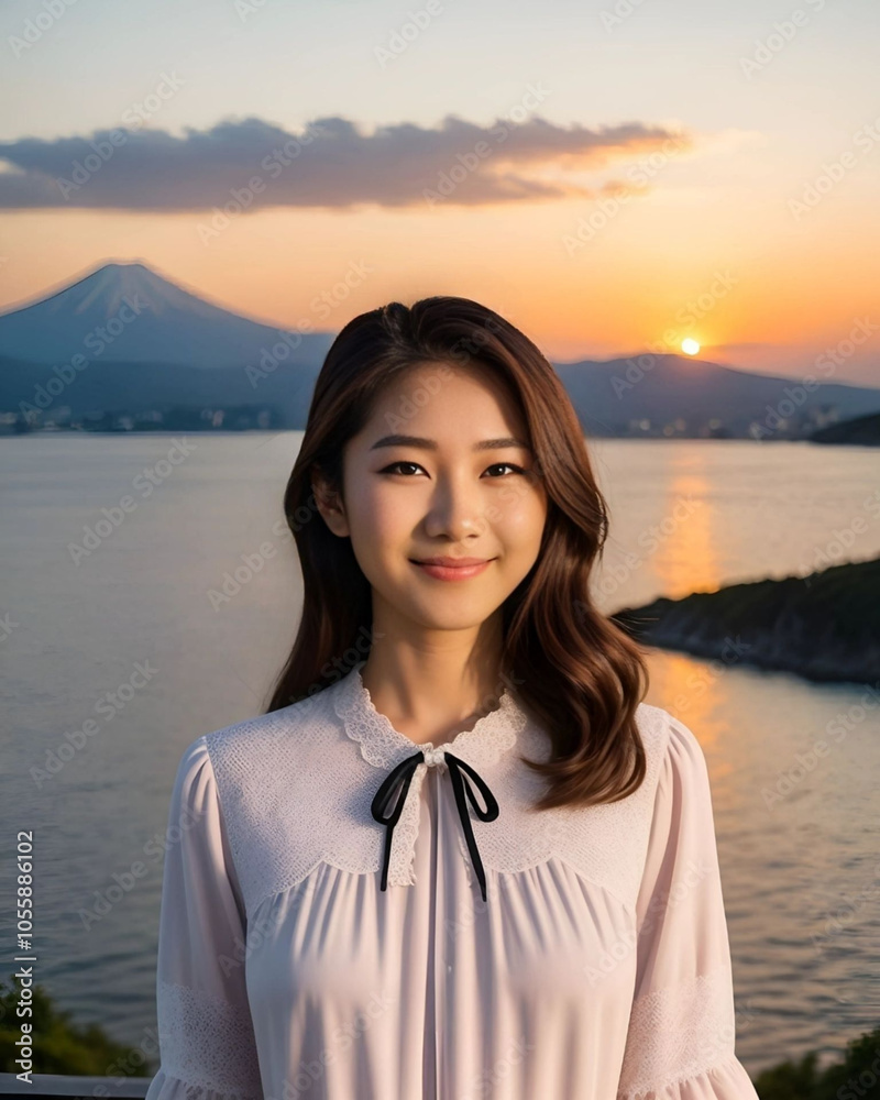 Retrato mujer asiática sonriente con una blusa blanca con un lazo junto al mar con montañas y un atardecer de fondo Retrato mujer asiática sonriente con una blusa blanca con un lazo junto al mar con montañas y un atardecer de fondo