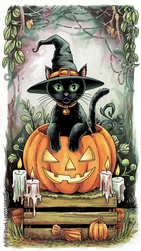 An aquatint illustration of a black cat with a witch's hat sitting in a pumpkin.  photo