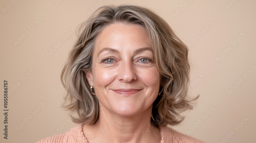 Portrait of a confident middle-aged woman with a warm smile on a neutral background radiating positivity and self-assurance in everyday life Portrait of a confident middle-aged woman with a warm smile on a neutral background radiating positivity and self-assurance in everyday life