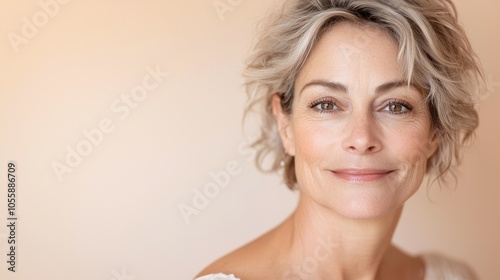 Captivating portrait of a smiling mature woman embracing her natural beauty against a soft neutral background for lifestyle imagery