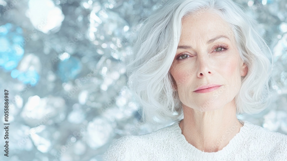 Elegant portrait of a mature woman with silver hair against a sparkling background highlighting natural beauty and grace Elegant portrait of a mature woman with silver hair against a sparkling background highlighting natural beauty and grace